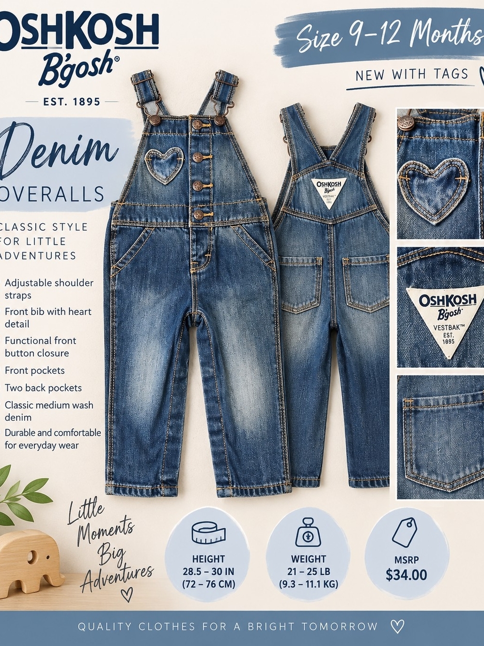 OshKosh B’gosh Baby Denim Overalls – Size 9–12 Months NWT